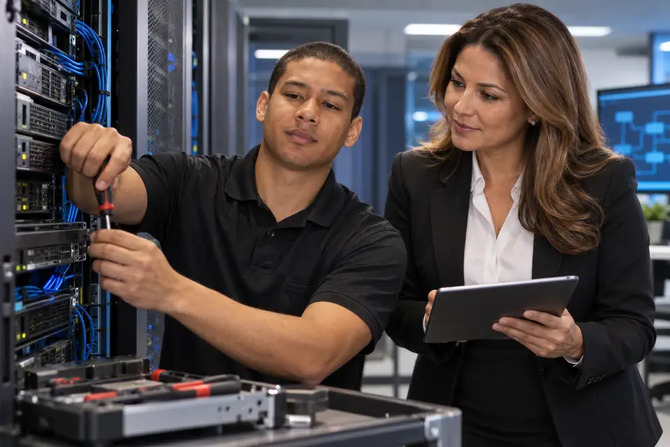 Noel Deaza repairing a computer